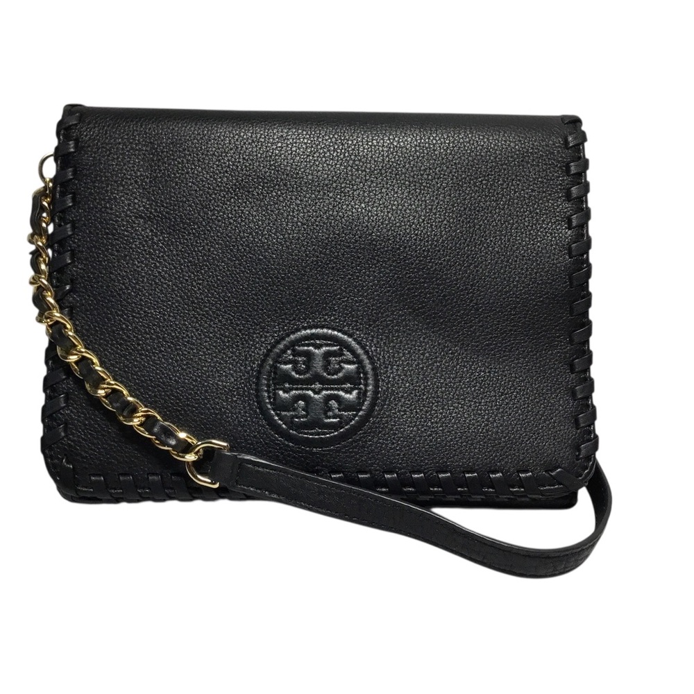 Tory Burch Black Leather Whipstitch Wristlet with Gold Chain